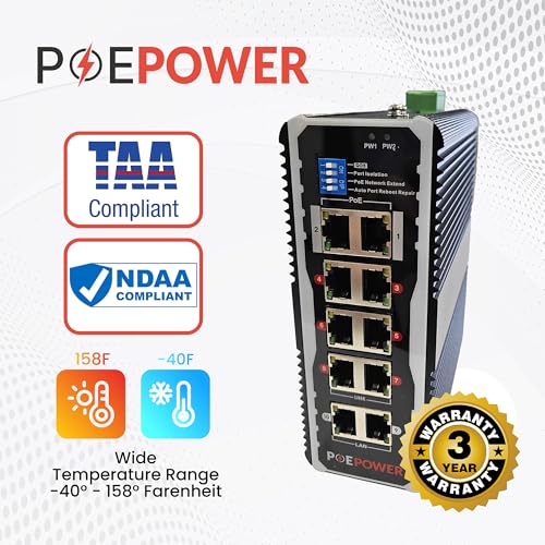 Image of 8 Port Industrial Gigabit POE Switch for Solar Installs, 12V-48V DC Input, POE+ 30W Per Port, 90W-120W Total, TAA Compliant