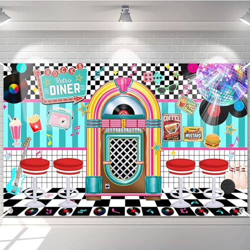Avezano 50s Retro Diner Party Backdrop 50s Retro Rock and Roll Diner Classic Decoration Banner 1950s Sock Hop Party Decor 70.8 x 43.3 Inch
