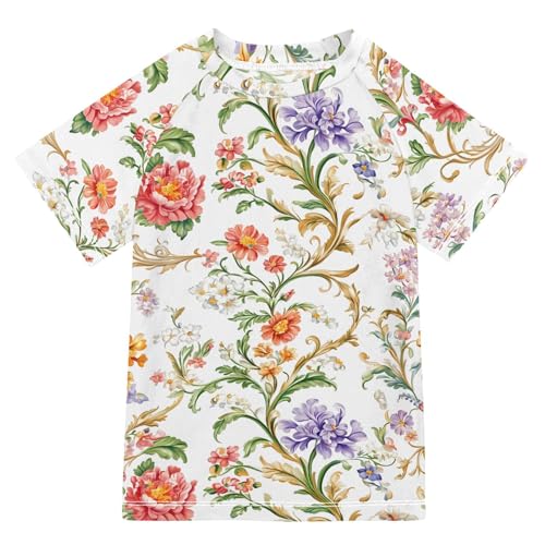 ALAZA Kids Rash Guard Girls Toddler Swim Shirts Short Sleeve European White Flowers UPF 50+ 3T