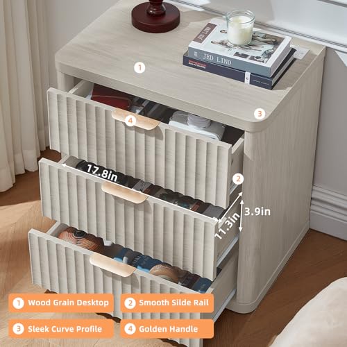 Image of LEYAOYAO 23 inch Wide Fluted Night Stand with Charging Station, 3 Drawers Large End Table with Storage, LightGrey Nightstand Wood Bedside Tables, Farmhouse Cabinet Dresser for Bedroom, Closet
