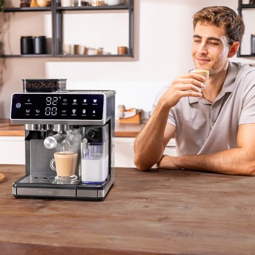 Cecotec Barista Power Espresso 20 Barista Grind & Latte Kaffeemaschine, 1350 W, 20 bar, konische Mühle, 2,6 l Wassertank, 100 g Kaffee und 500 ml Milch, Touchscreen, Selbstreinigung, personalisierbar