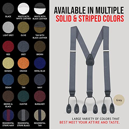 HOLD'EM Tuxedo Suspenders for Men Black Genuine Leather Button End 1.25 Inches Mens Braces Suspenders- Grey (Tall 54" Long)