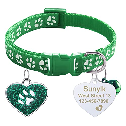 CAMAL Cat Collars for Girl/Boy Cats Breakaway with Name Tag Heart Shape, Paw Print Personalized Cat Collar with Bell, Kitten Collar Adjustable Size for Cat Puppy (Green)