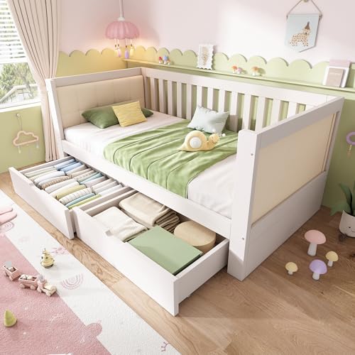 Soweiz Sofá cama blanco, madera, con reposabrazos redondeados, respaldo cómodo, perfecto para apartamentos pequeños, fácil montaje, sin colchón (90 x 190 cm)