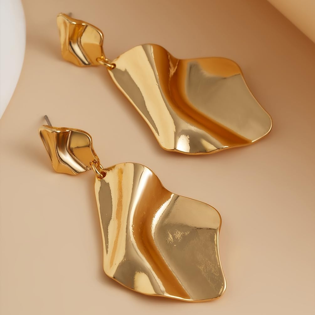Stylish Gold Twisted Pleated Dangle Drop Earrings for Women, Statement Silver Irregular Geometric Non Tarnish Dangly Earring Trendy Party Jewelry Gift - Image 4