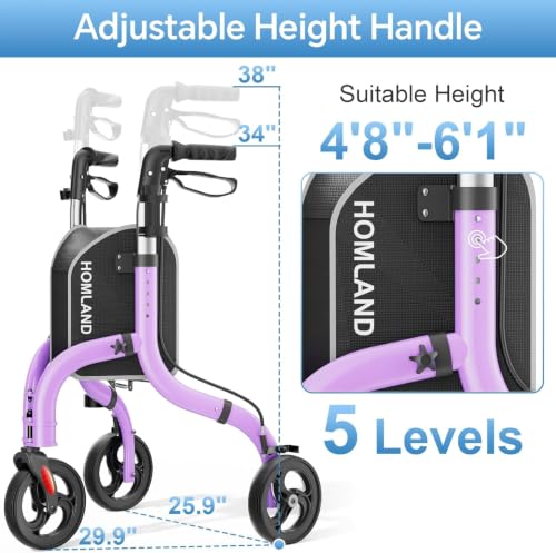 Image of HOMLAND Foldable 3 Wheel Walkers for Seniors, Lightweight 10.4 lbs | with Cane & Cup Holder, Height Adjustable, 8'' big wheel, Lavender