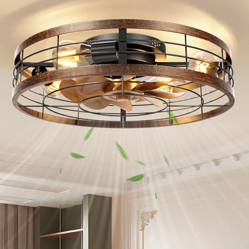 Image of VOLISUN Farmhouse Caged Ceiling Fans with Lights Flush Mount, 23.6'' Rustic Low Profile Ceiling Fan with Light and Remote, Bladeless Fandelier Ceiling Fans with Lights for Kitchen, Bedroom-Gold