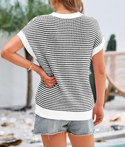 PRETTYGARDEN Womens Short Sleeve Sweater Spring Summer 2025 Round Neck Striped Pullover Cap Sleeve Knit Sweater Vest Tops2