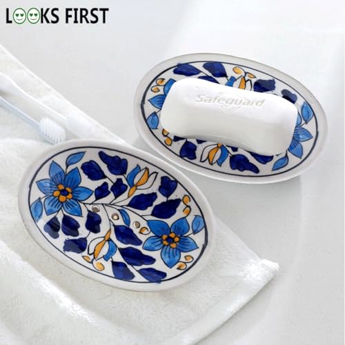 Image of Hand Painted Flower Design Ceramic Soap Dish Tray | Soap Holder | Soap Case Holder, Use In The Bathrooms Or Kitchen, Offices,, Blue