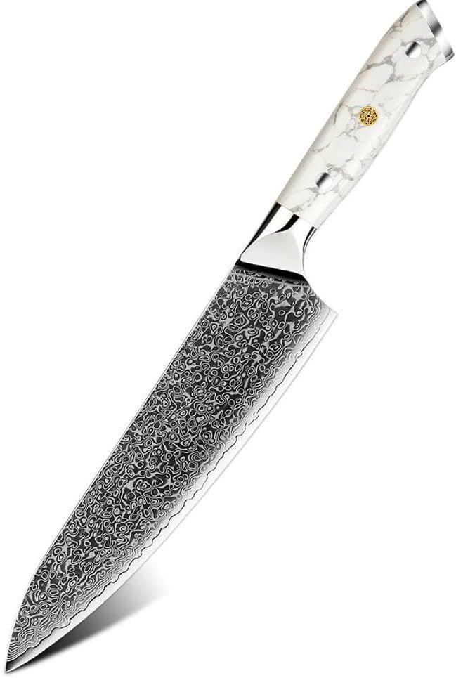 8インチ日本製シェフナイフ – VG-10ダマスカス鋼、高炭素コア、人間