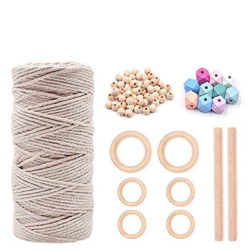 Image of 3mm 110Yards Natural Macrame Cotton Cord Thread with Wooden Beads Rings Wooden Sticks for Knitting Crafts Wall Hanging Plant Hangers Handicrafts Home Decoration Handmade DIY