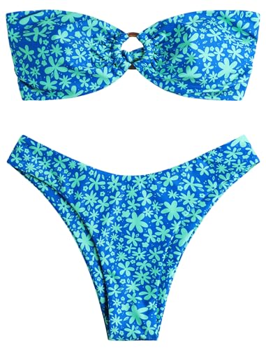 Image of ZAFUL Women's Bandeau Bikini O Ring Strapless Tie Back High Cut Two Piece Swimsuit Bathing Suits