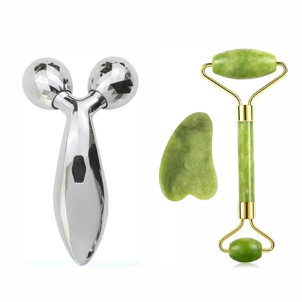 ANSHU 3D Manual Roller And Natural Jade Stone Roller Massager With Gua Sha Tools for Face and Body 2 Pcs pack