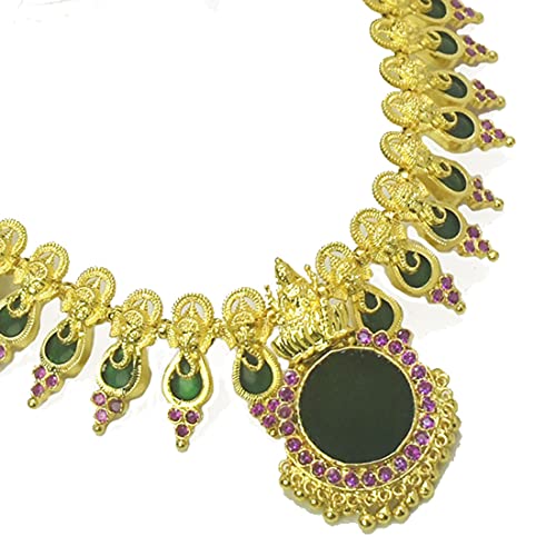 Image of KOLLAM SUPREME ETHNIC GANESHA LAKSHMI RUBY STUDDED GREEN ENAMEL NECKLACE FOR WOMEN