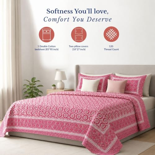 Image of Jaipur Weaves Jaipuri Double Bed Cotton Bedsheet Queen Size 90x85, 120 TC 100% Pure Cotton Bed Sheet with 2 Pillow Covers, Floral Traditional Print (Pink Floral, Double)