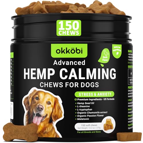 OKKÖBI Hemp Calming Chews for Dogs - 150 pcs - for Stress, Travel, Check-ups, Barking, or Grooming - Anxiety Relief with Melatonin - Duck Flavored Calming Treats