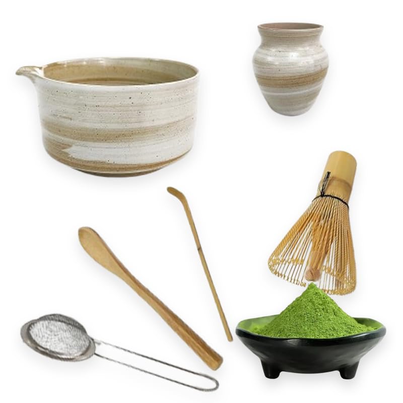 Matcha Whisk Set, Matcha Set, 6 Pieces, with Bamboo Whisk, Ceramic Bowl & Sifter Complete Matcha Powder Tea Includes Scoop & Spout Bowl, Traditional Japanese Tea Accessories for Home or Gifts