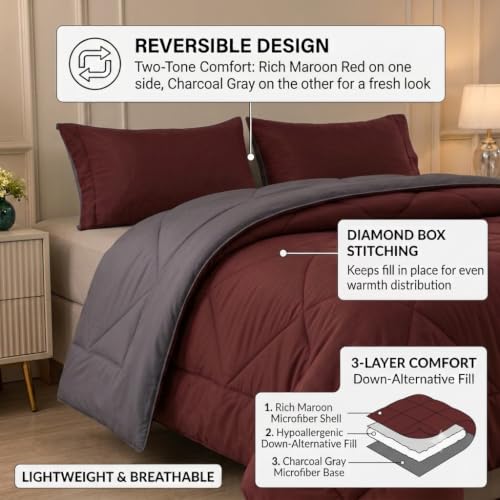 Image of 220 GSM Comforter Set Double Bed | Microfiber Reversible AC Blanket Duvet Quilt for Double Bed King Size for Winter (Maroon & Grey)