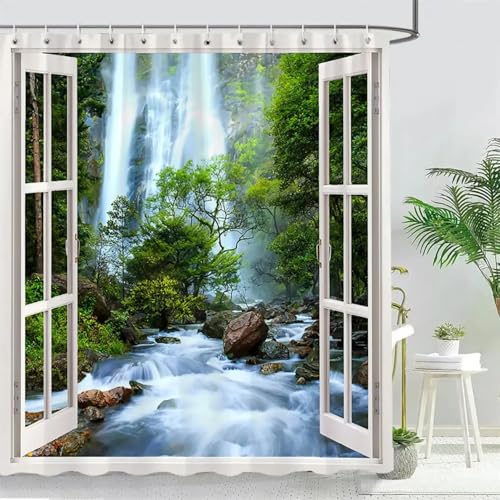 Rideau de douche textile imperméable et lavable 153x183 cm décor cascade et forêt tropicale - 2