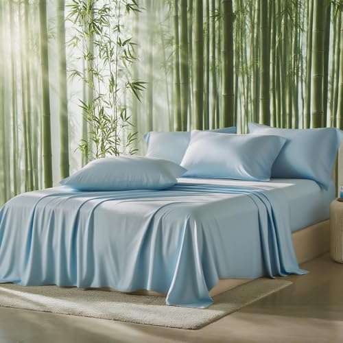 Image of 100% Viscose Derived from Bamboo Sheets Queen Size, Soft & Cooling Viscose from Bamboo Sheets Set, Organically Grown,Breathable & Soft Deep Pocket Up to 18 Inches(Light Blue)