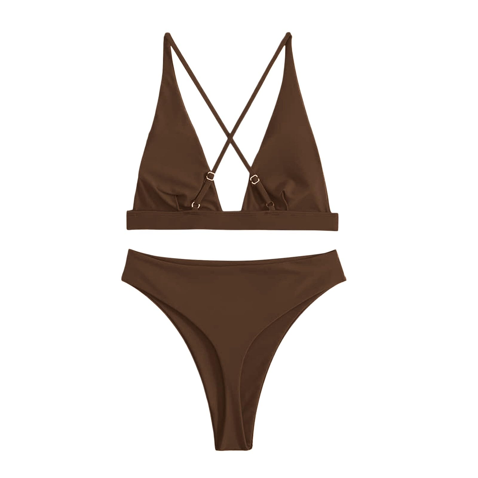 Bikini Mujer Tanga Conjunto Cintura Alta Sexy Triángulo Brasileño Top Profundo Cuello En V Traje De Baño Dos Piezas Trajes, Café, XL
