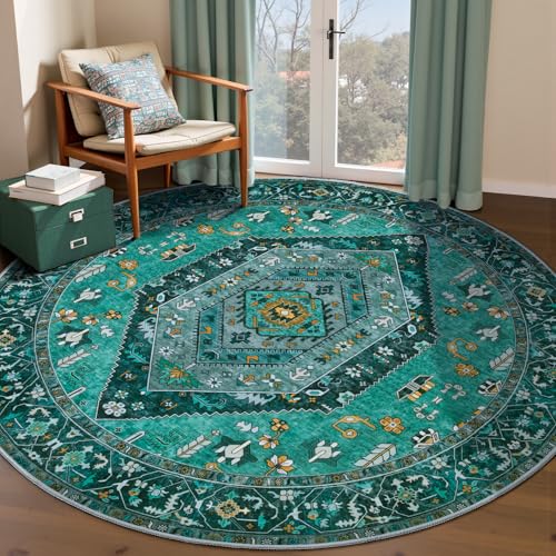 SERISSA Boho Round Area Rug, 5ft Washable Non-Slip Circle Rug, Ultra Soft Oriental Vintage Teal Low-Pile Circular Carpet for Bedroom Entryway Kids Room Office College Dorm Living Room