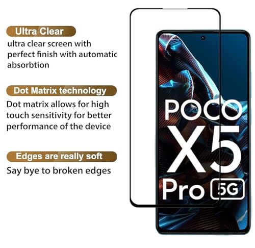 Image of SENBUN Tempered Glass Screen Protector Compatible for Poco X5 Pro 5G with Edge to Edge Coverage and Easy Installation Kit, Pack of 1, Black