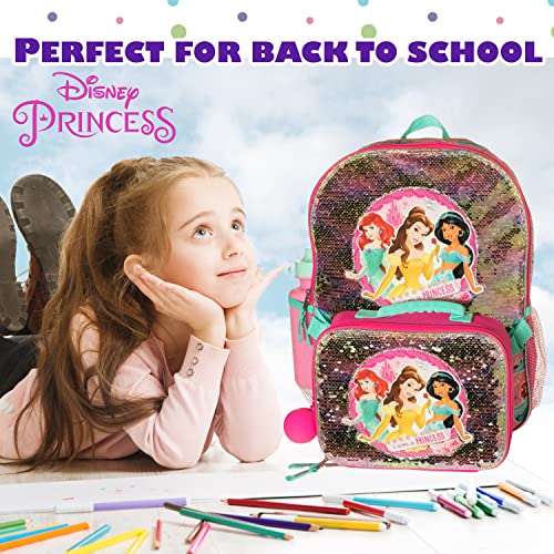 Disney Princess 4 Piece Backpack Set, Flip Sequin 16" School Bag for Girls with Front Zip Pocket, Pink4