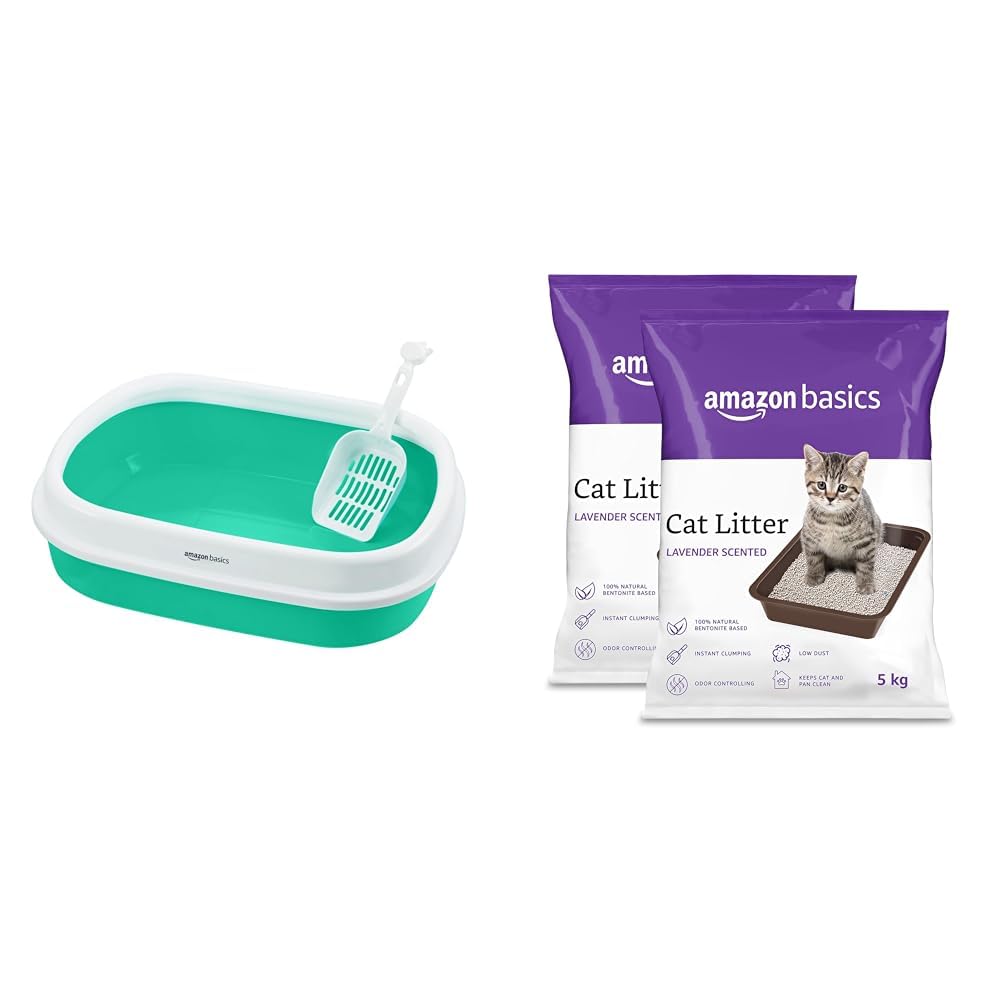 Cat Litter Box Tray with Free Scooper, Green & Amazon Basics Scoopable Smart White Bentonite Cat Litter | Lavender Fragrance | Scented Cat Litter | 5Kg - Pack of 2