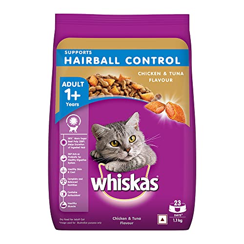 Whiskas Hairball Control Adult (1+ Years) Dry Cat Food, Chicken & Tuna Flavour, 1.1 Kg Pack