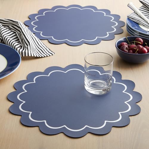 Image of kate spade new york Scallop Edge Round Reversible Placemats 6-Pack Set, Imitation Leather with Metallic Print, Water Resistant, Easy Wipe Clean, Navy /Silver, 15 inch Round