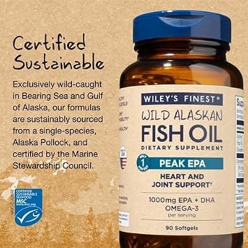 Wiley's Finest Wild Alaskan Fish Oil Peak EPA, 90 Count (Pack of 1) | Heart and Joint Support, Triple-Strength Peak EPA and DHA, 1000 mg Omega-3s, Heart Health Support