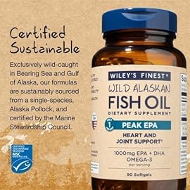 Wiley\'s Finest Wild Alaskan Fish Oil Peak EPA - Triple Strength Peak EPA & DHA Supplement - 1000mg Fish Oil - Omega-3s for Joint Health Support - 90 Softgels (90 Servings)