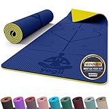 Yogii Yoga Mat - Non-Slip 6mm Thick TPE & Travel-friendly Yoga Mat - Perfect for Home & Gym Exercise Fitness & Pilates - With Laser Alignment Guides (Blue/Yellow) for Men & Women
