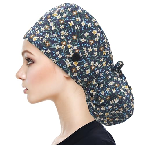 Image of QBA Adjustable Working Cap with Button, Satin-Lined Hat, Cotton Working Hat Sweatband, Elastic Tie Back Hats Unisex