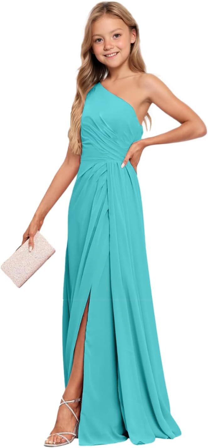 Junior Bridesmaid Dresses Chiffon One Shoulder Flower Girl Dress for Teen Long Party Pageant Gowns