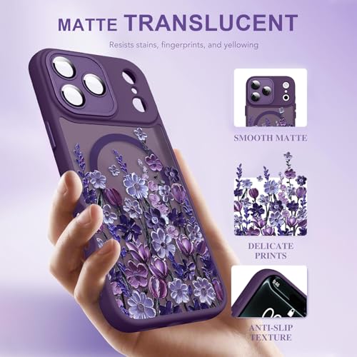 Image of Magnetic for iPhone 17 Pro Case [Compatible with MagSafe] Pretty Oil Painting Floral Flower Pattern Design, Shockproof Slim Translucent Matte Cover for Women Girls, Dark Purple