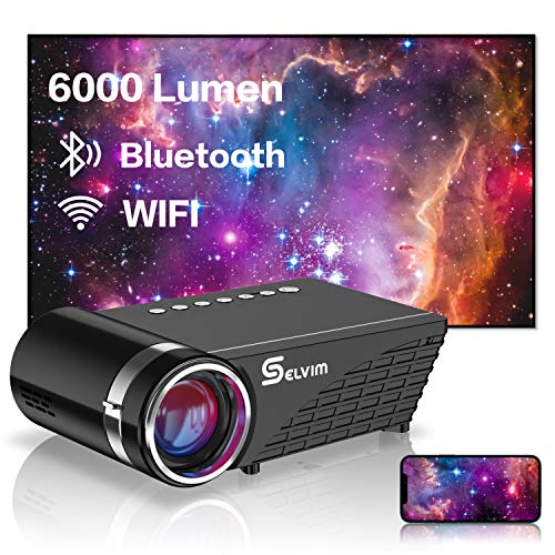 Selvim Projetor Wi-Fi Bluetooth, 6000 lumens, mini projetor, 1080P, Full HD, portátil, para telemóvel, 60000 horas LED, compatível com PS5, PS4, TV, Stick, HDMI VGA USB AV para cinema em casa, filmes