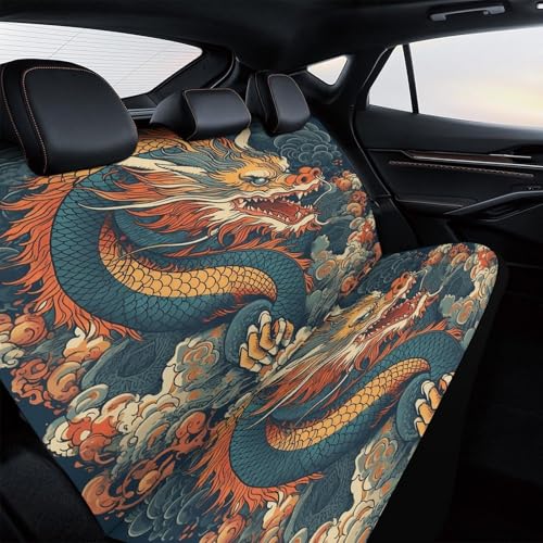 Funda de asiento trasero para coche, camión y SUV con diseño duradero de dragón retro suave 4
