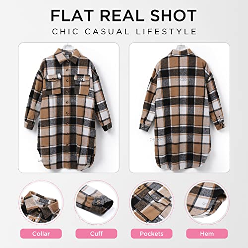 CHICZONE Women's Brown Plaid Shacket - Medium Flannel Trench Jacket - Image 5