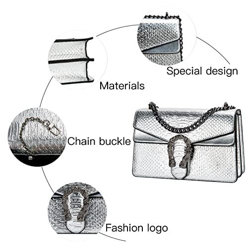 Leather Shoulder Bag Chain Purse for Women - Fashion Crossbody Bags Vintage Snake Print Underarm Bag Square Satchel Handbag4