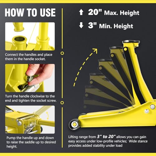 Image of PM PERFORMOTOR Low Profile Hydraulic Trolley Service /Floor Jack, 3 Ton (6000 lbs) Capacity, Lifting Range 3 inch-20 inch,Yellow,PM-TOL-FJ30-YL