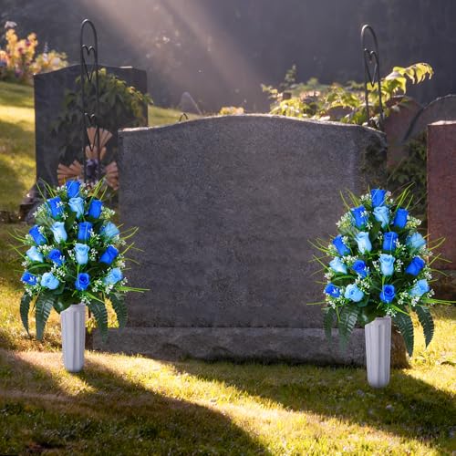 2 Sets Artificial Cemetery Flowers, Grave Decorations Roses, Memorial Flowers Bouquet with Vase for Grave Cemetery Decoration (Dark Blue&Light Blue) image 1