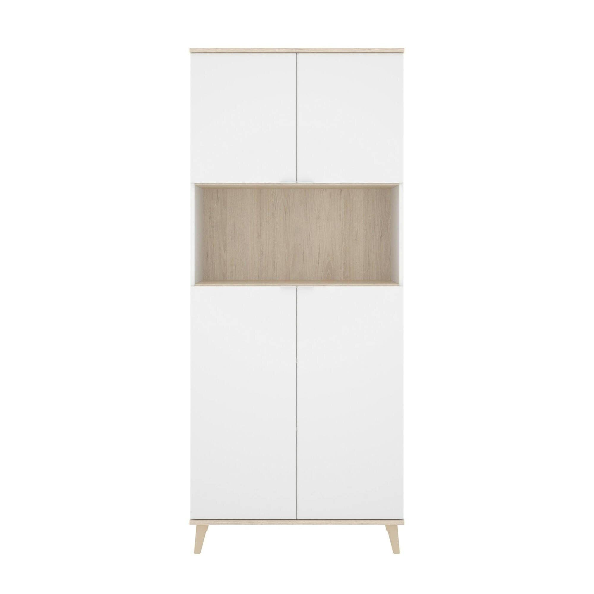 Dmora - Buffet Spino, Buffet Garde-Manger de Salon, Buffet de Salon Moderne avec 4 Portes, 80x40h191 cm, Blanc et Chêne