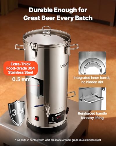 Image of VEVOR Beer Brewing Equipment, 8 Gal /30L 304 Stainless Steel Home Beer Brewer,1500W All-in-One Home Brewing Kit with Tall strainer, Integrated Inner Barrel & Reinforced Handle