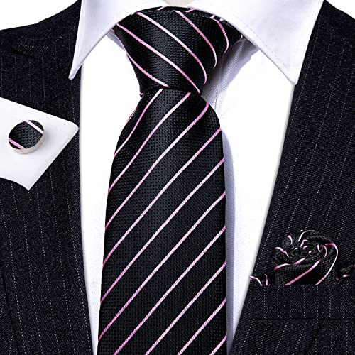 Image of Barry.Wang Man Stripe Ties Set Silk Woven Pocket Square Necktie Cufflinks Formal Party Business