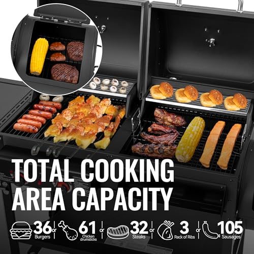 2-Burner Gas and Charcoal Combo Grill with Offset Smoker & Side Burner, 34,000 BTU Dual Fuel Grill, 1020 Sq. In. Cooking Area, Ideal for Outdoor Cooking, Black, ZH3005Y-SC