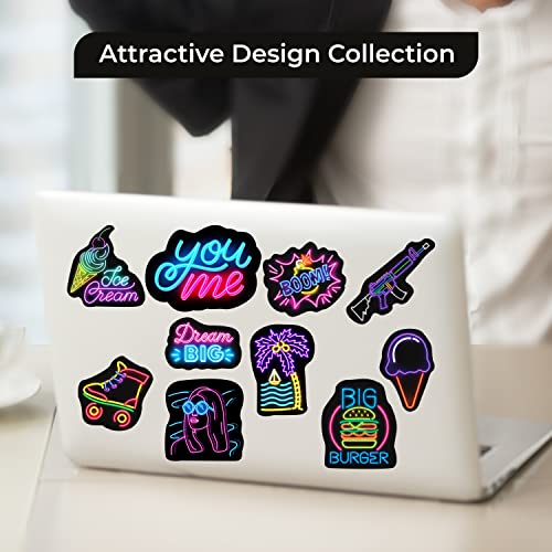 Image of FlyBuyHub Neon Vinyl Journal Stickers for Phone Case, Laptop, Notebook, Dairy, Water Bottle, School Bag - Self-Adhesive Set of 50 Glossy and Waterproof (Neon)