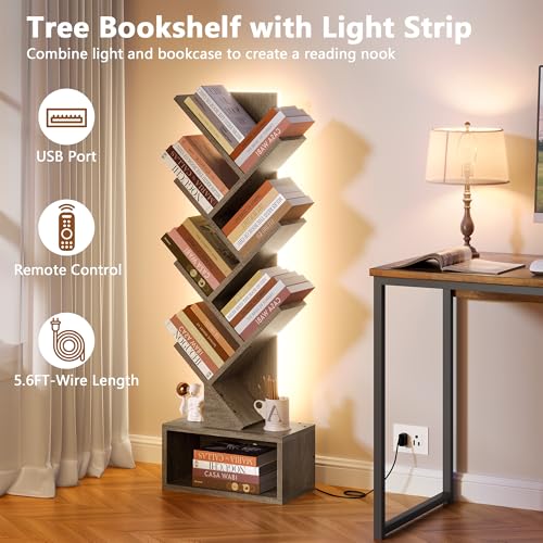 Image of Hoctieon 6 Tier Tree Bookshelf, Tall Bookcase, Freestanding Book Shelf with LED Lights, Display Floor Standing Storage Shelf, Book Organizer Shelves for Home Office, Living Room, Greige