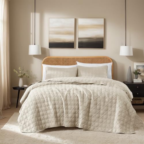 Beige King Size Quilt Bedding Sets with Pillow Sham, Summer Lightweight Soft Bedspread Coverlet, Netural Farmhouse Country Textured Quilted Blanket Thin Comforter Bed Cover, 3 Pieces, 104x90 inches